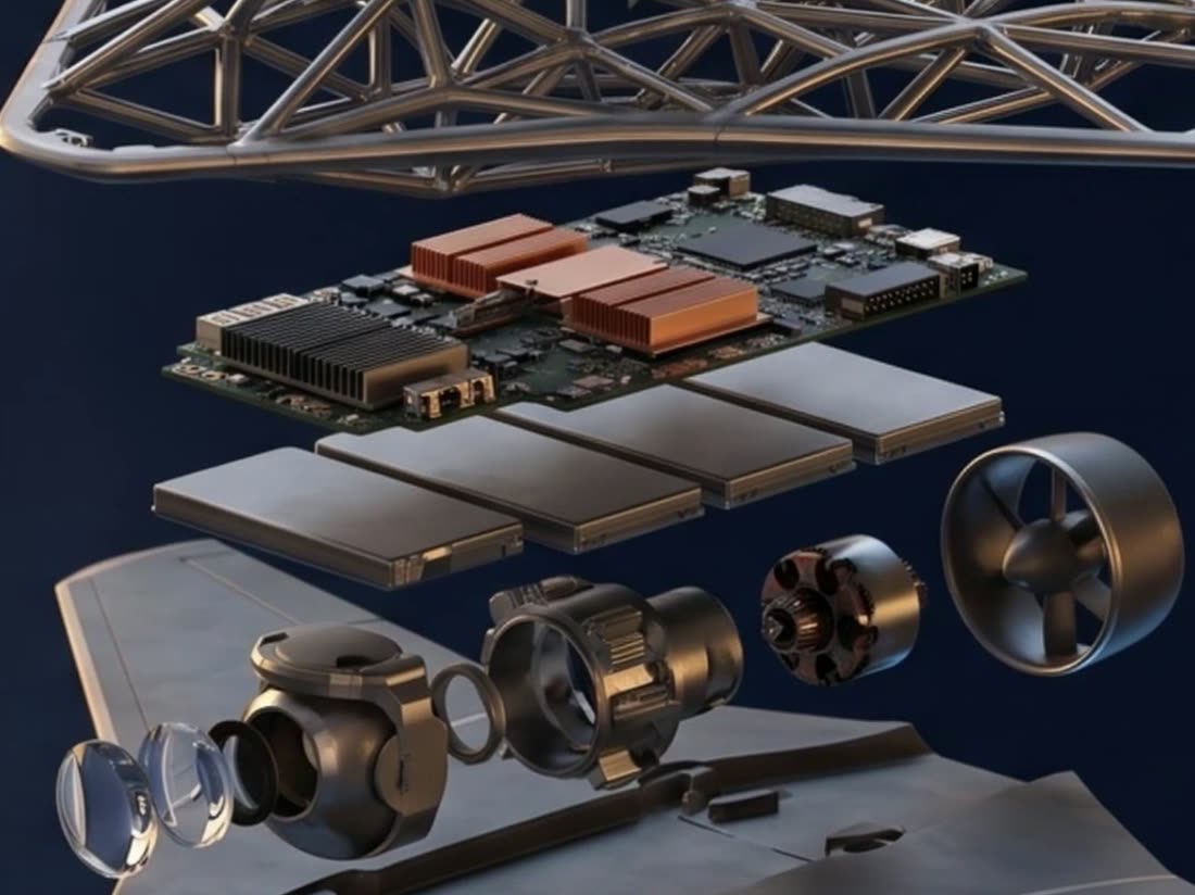 Concept rendering of an unmanned aircraft taken apart: compute board, battery packs, sensor turret and motor floating in sequence.